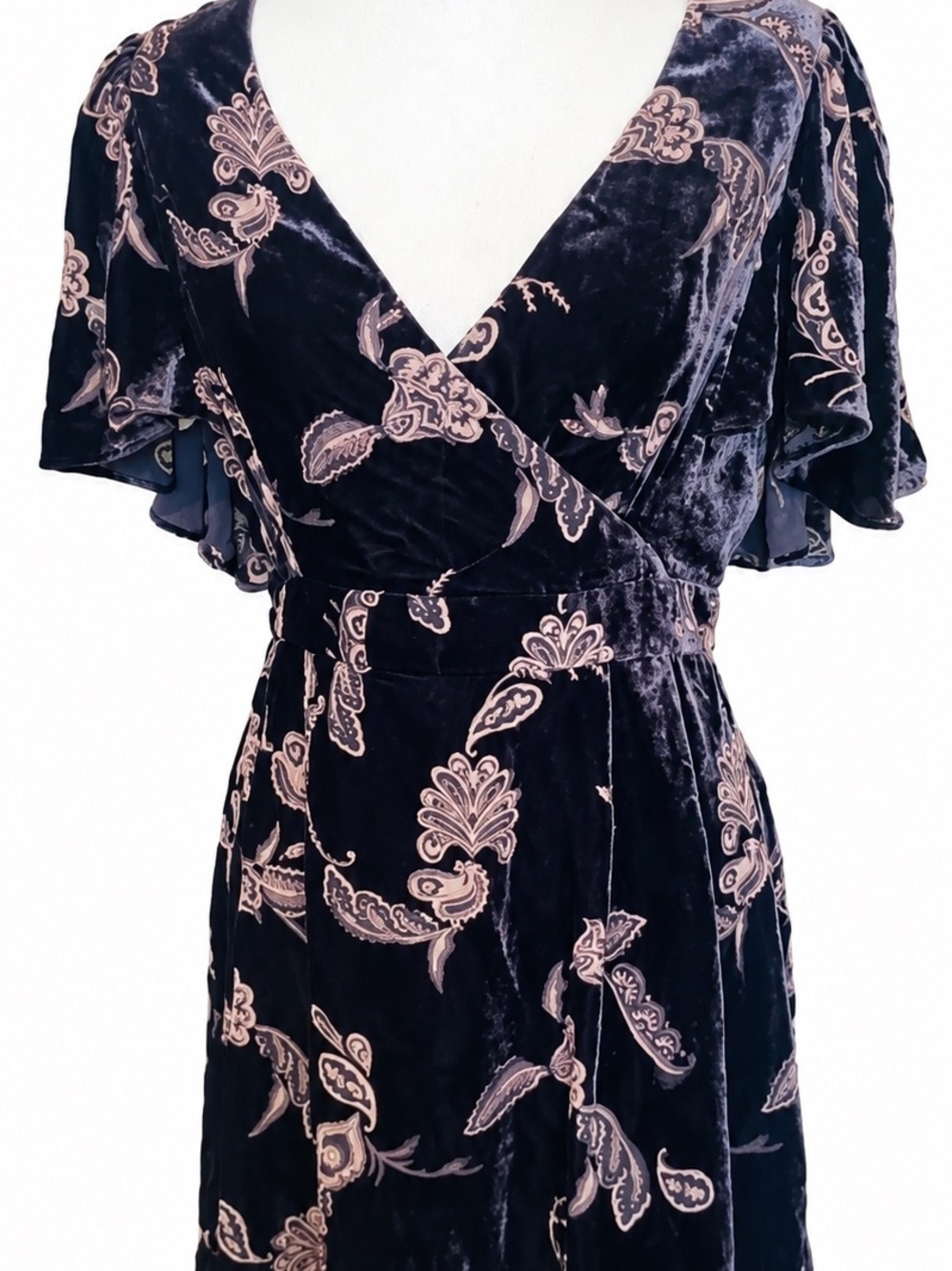 Eliza J Black Velvet Paisley Flutter Sleeve Dress Dark Romantic Goth Witchy 6
